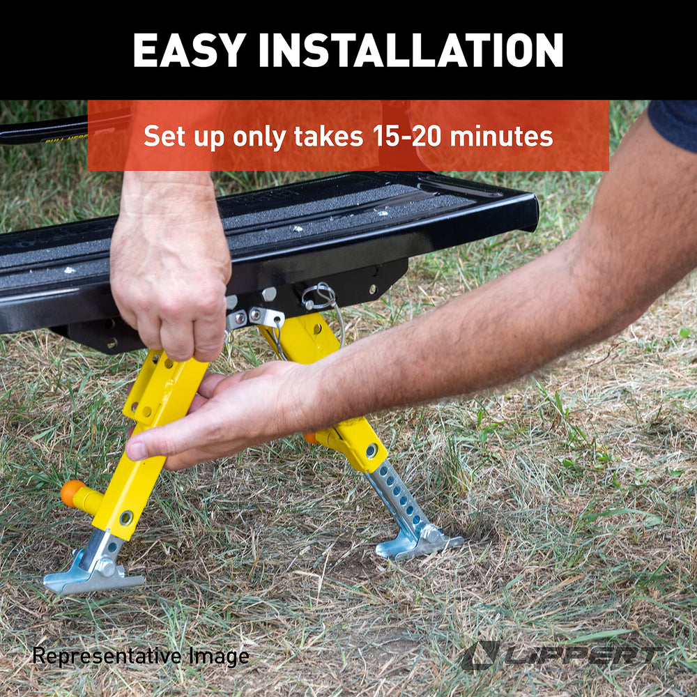 Lippert Components adjustable leg extended showing height range for uneven terrain