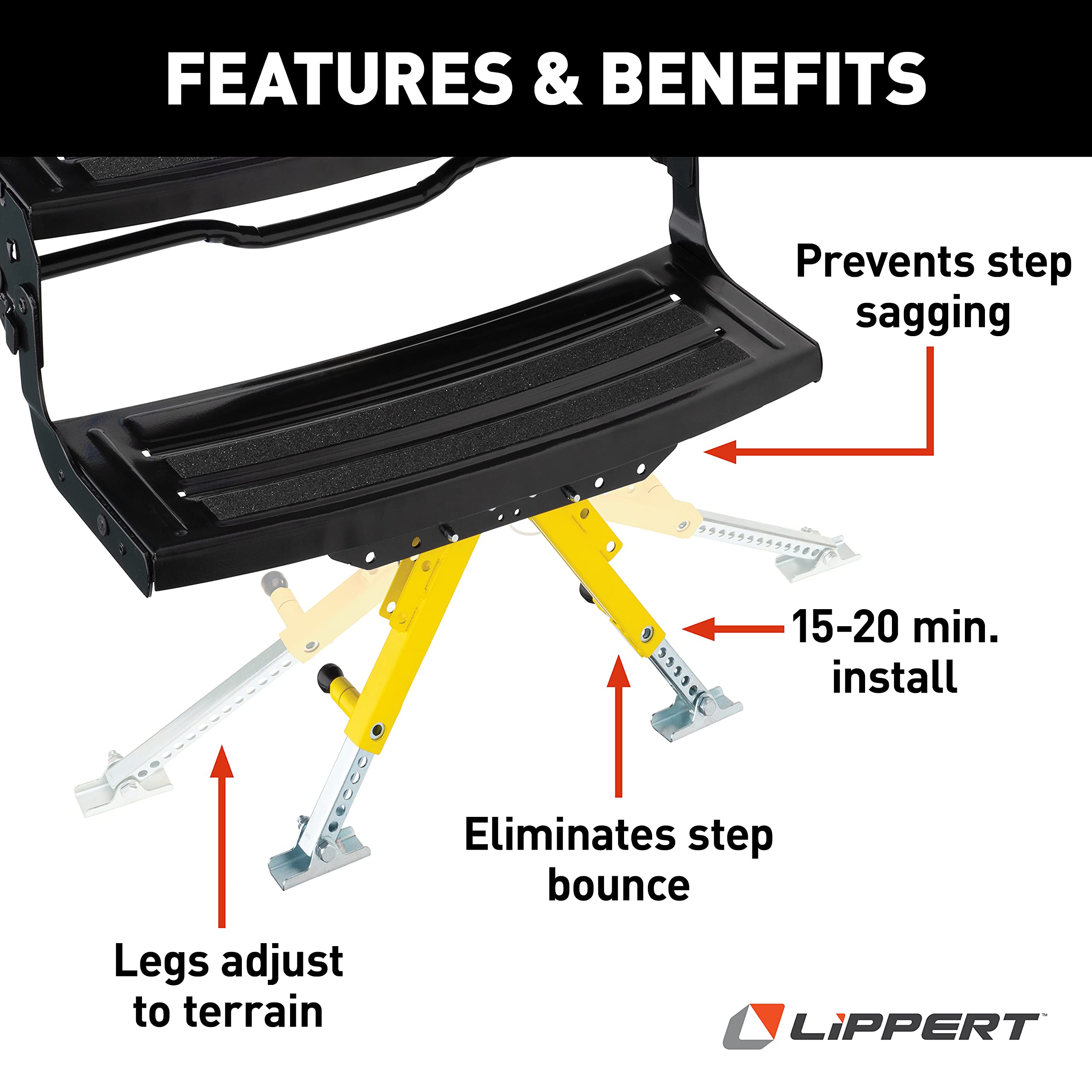 Lippert Components stabilizer mounted under RV step demonstrating reduced bounce benefit