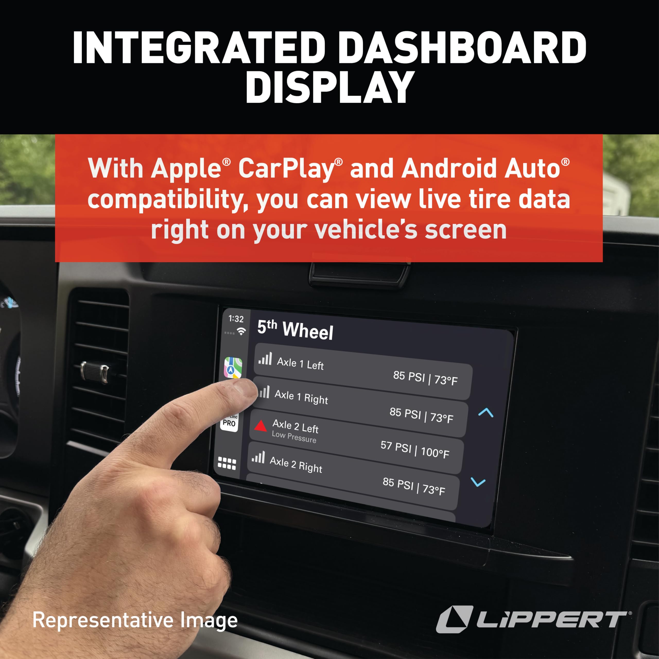 Lippert sensors mounted on an RV wheel showing real-world protection while driving