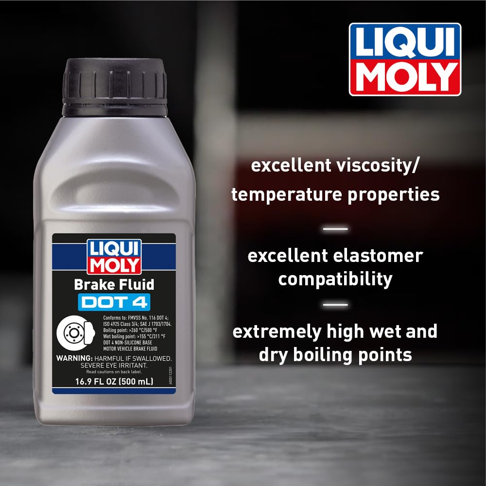 Liqui Moly DOT 4 label close-up highlighting specifications and performance benefits