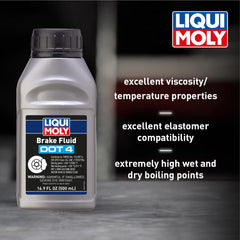 Liqui Moly DOT 4 label close-up highlighting specifications and performance benefits