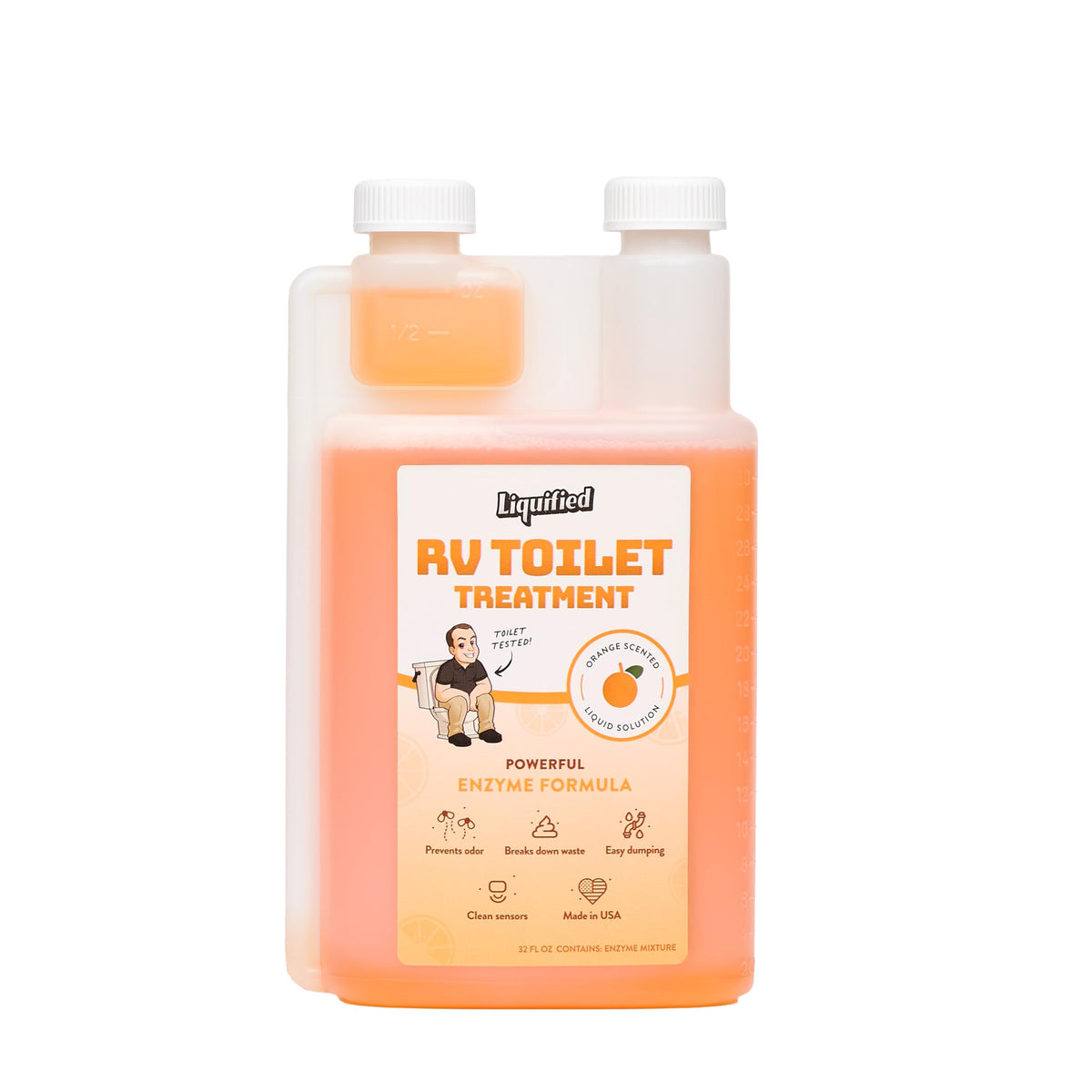 Liquified RV Toilet Treatment bottle front showing orange scent benefit