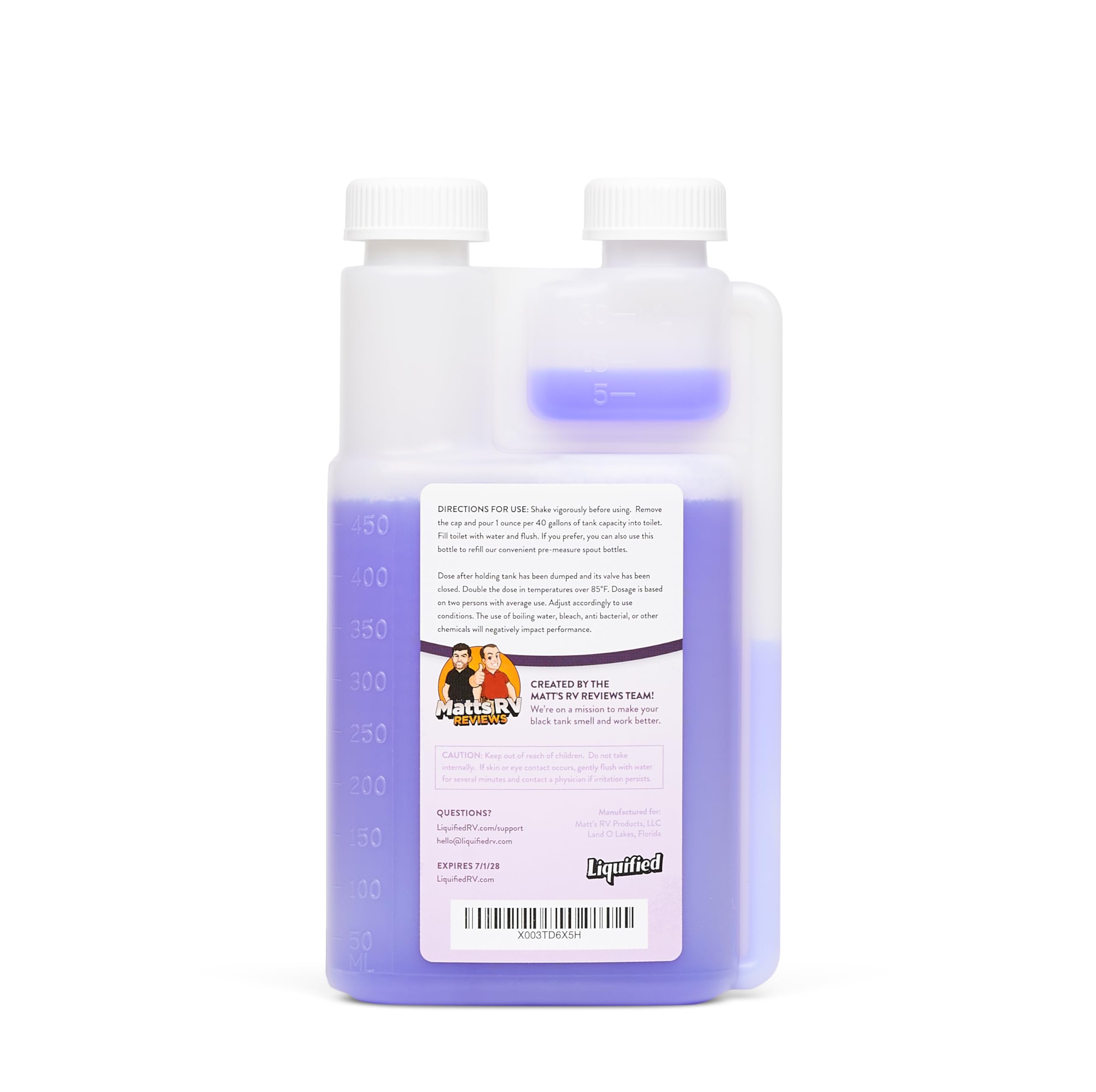 Liquified RV Toilet Treatment back label close-up showing instructions and benefits for reliable dosing