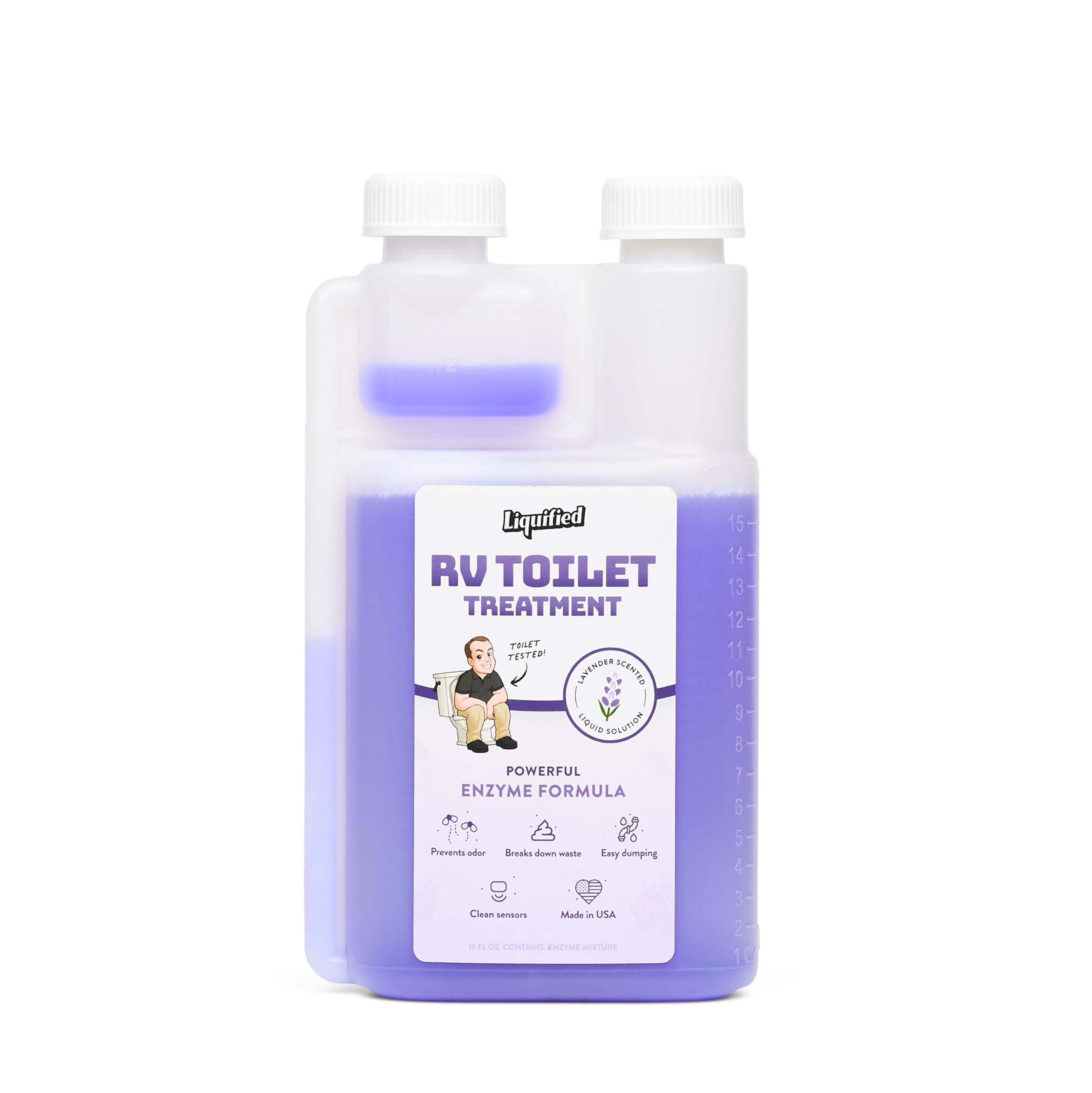 Liquified RV Toilet Treatment front bottle view showing lavender scent and clear labeling benefit: easy tank care