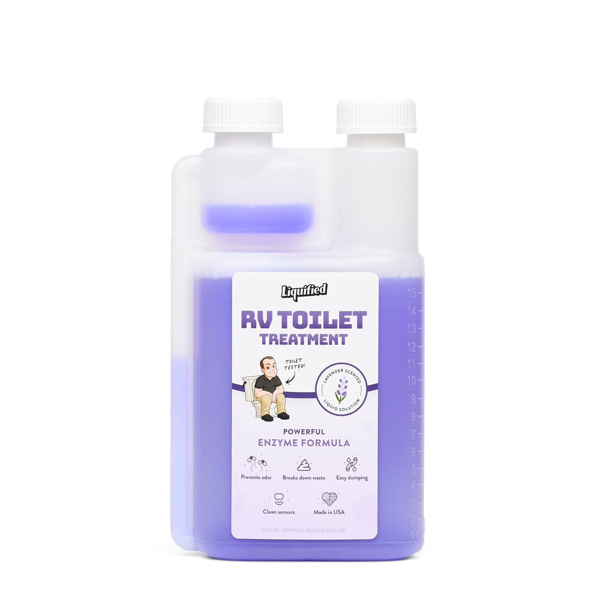 Liquified RV Toilet Treatment front bottle view showing lavender scent and clear labeling benefit: easy tank care