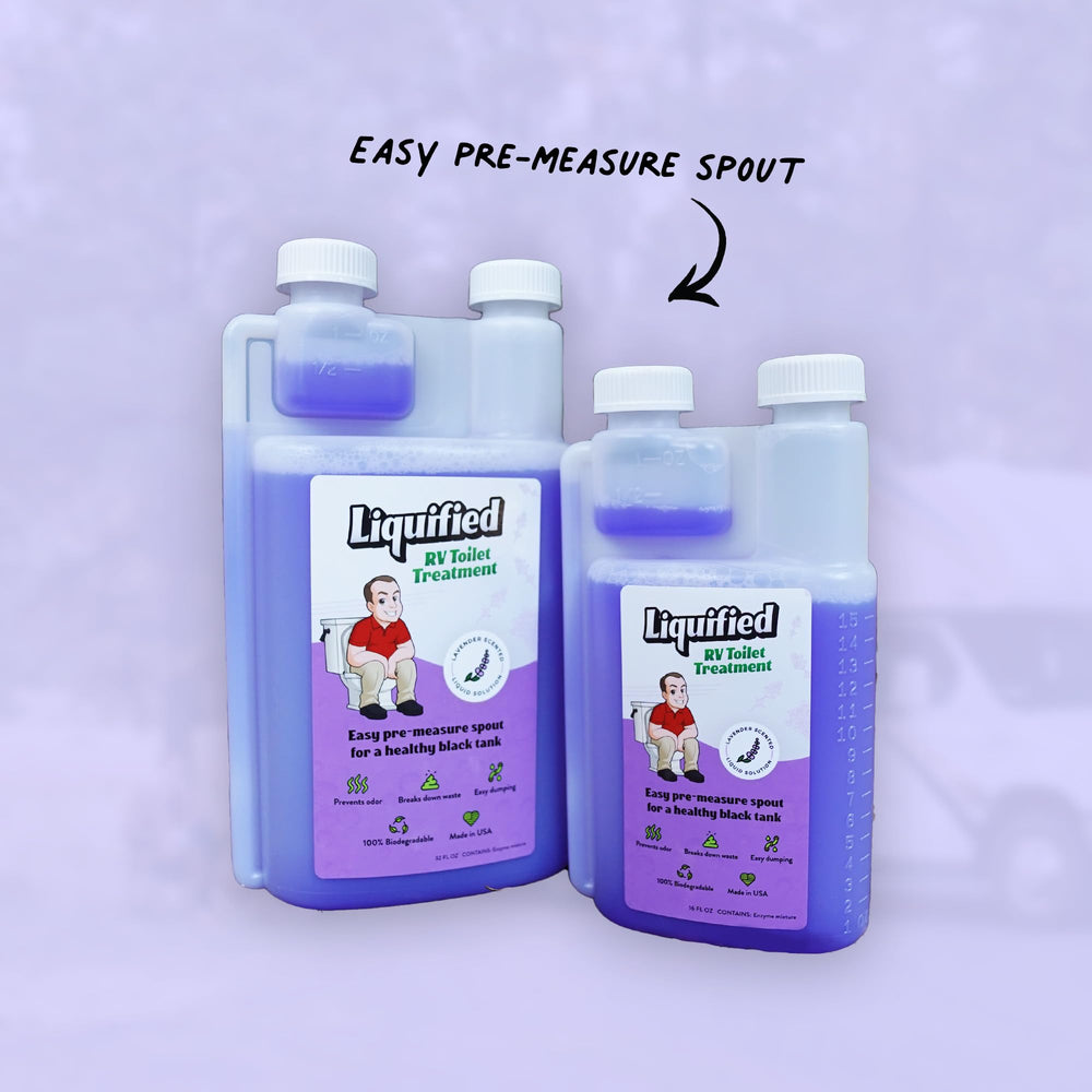 Liquified bottle placed in an RV bathroom setting showing on-the-road convenience and odor reduction
