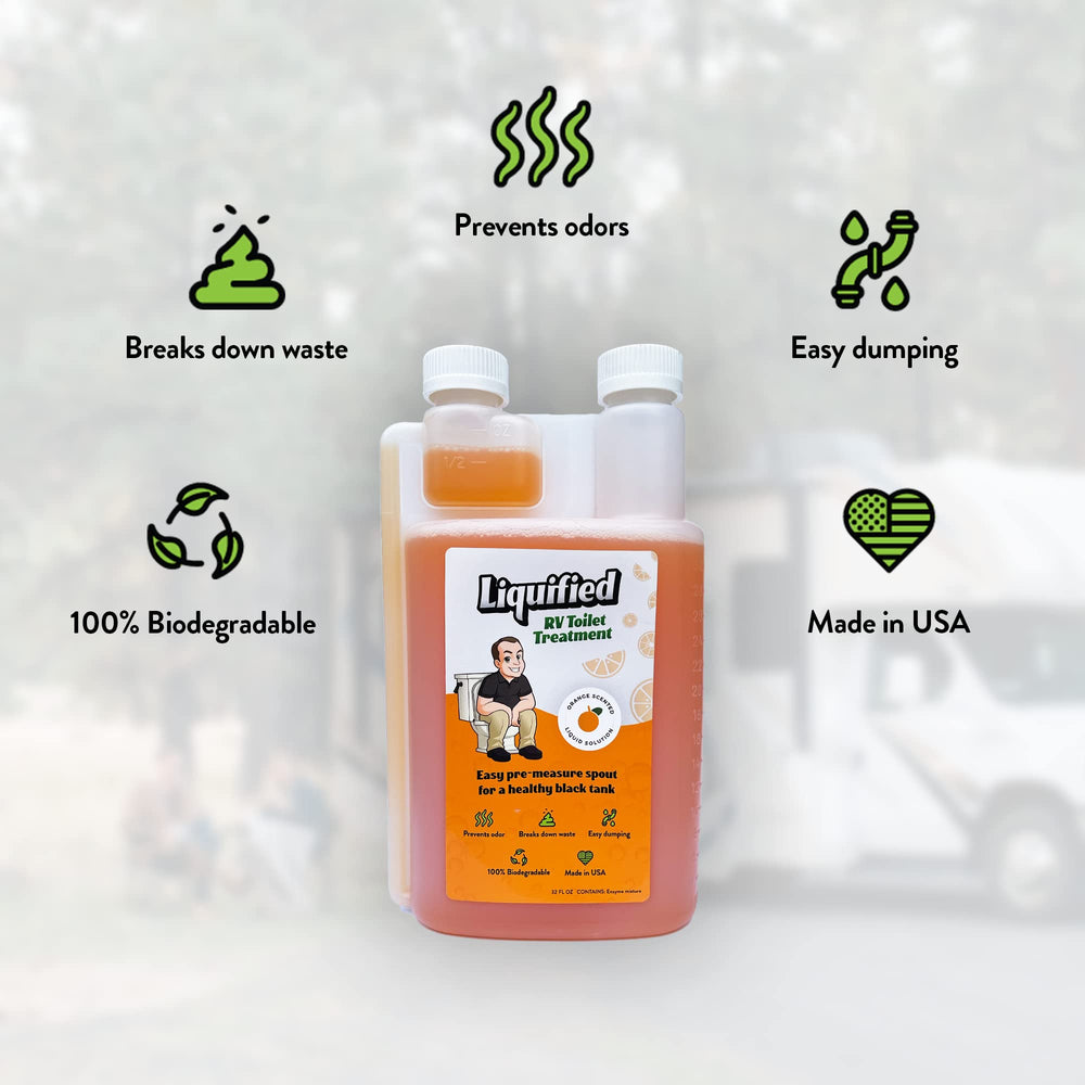 Liquified being poured into RV toilet demonstrating easy dosing benefit