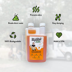 Liquified being poured into RV toilet demonstrating easy dosing benefit