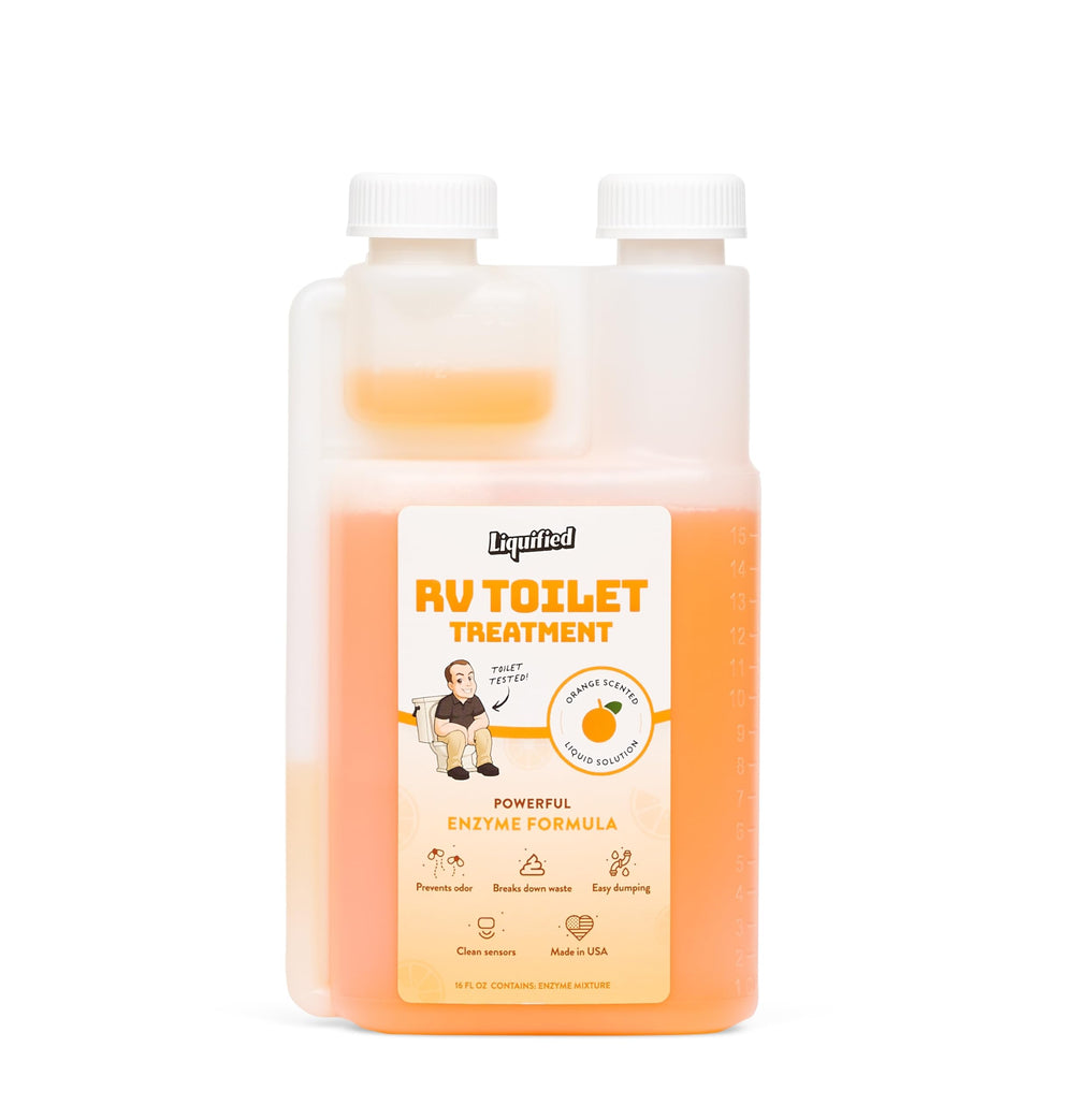 Liquified RV Toilet Treatment bottle front view showing orange scent and benefits