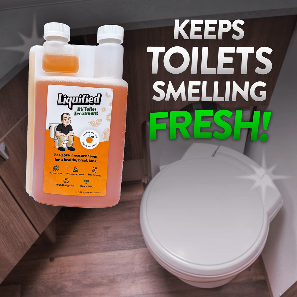 Liquified RV in RV bathroom environment showing odor control and clean tank benefit