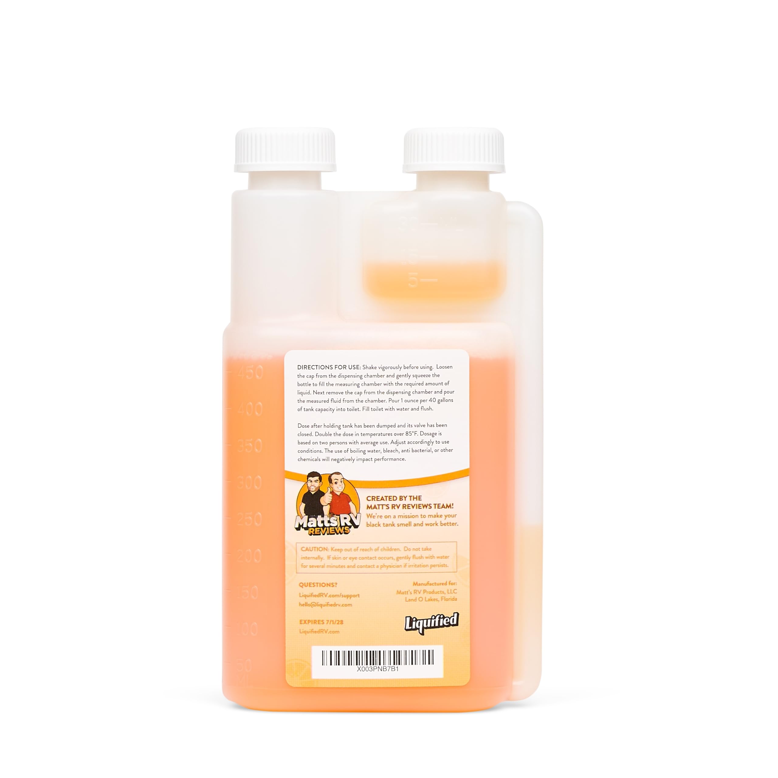 Liquified RV label close-up highlighting enzymes and biodegradable features