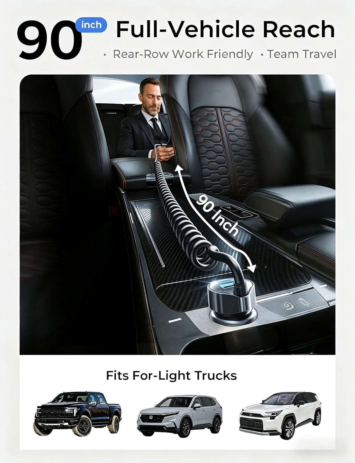 LISEN extended coiled cable reaching rear seat offering convenient passenger charging