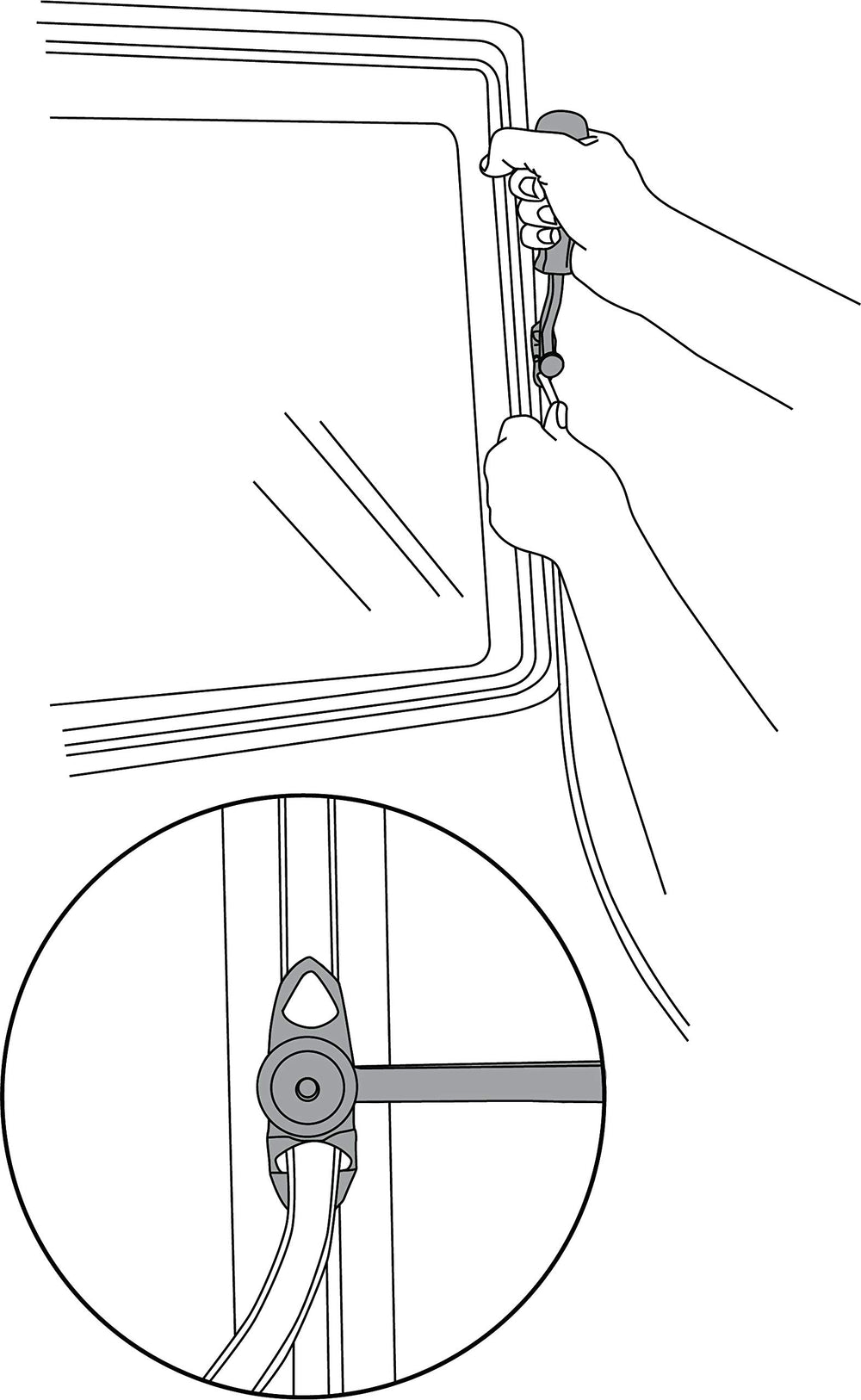 Lisle tool in use on semi windshield illustrating reach and precise strip seating