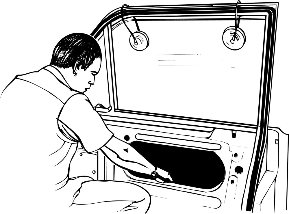 Lisle window holder in use on a car door holding glass safely during repair