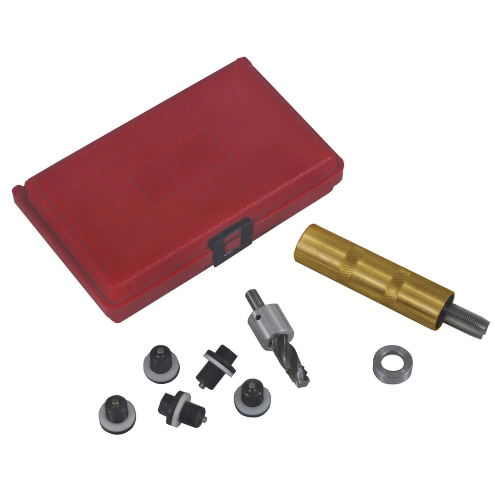 Lisle kit front view showing drill tap and five magnetic plugs for quick repairs