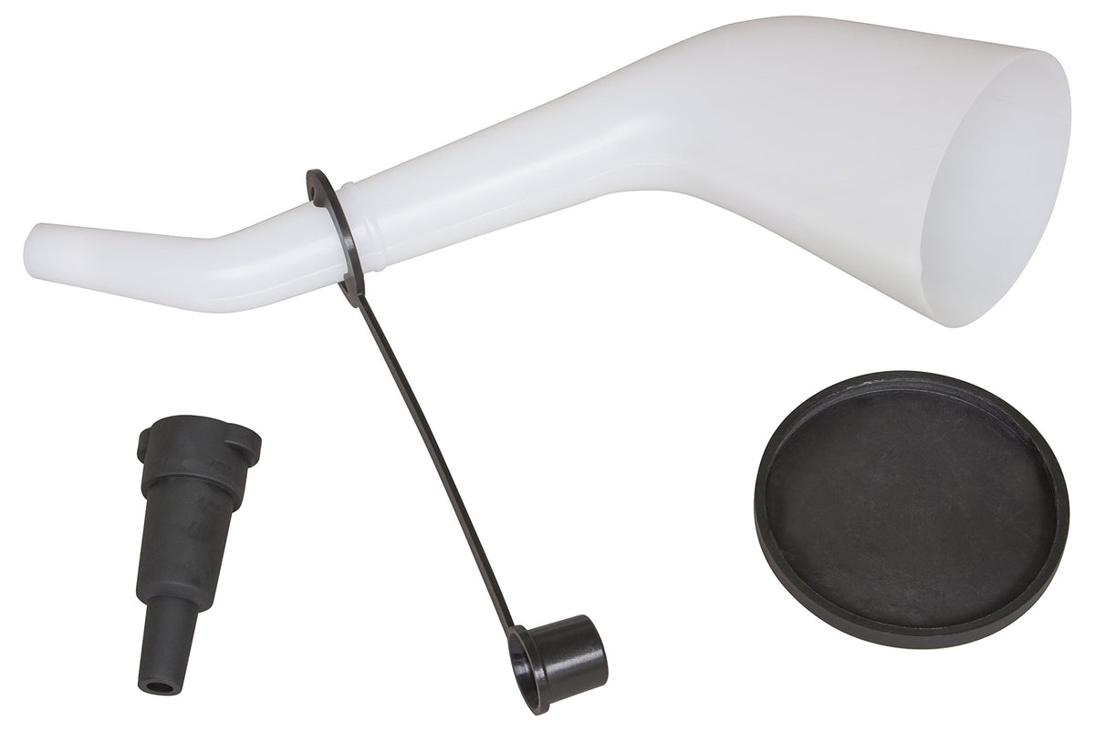 Lisle offset funnel front view showing translucent 10 inch body and spout for easy filling