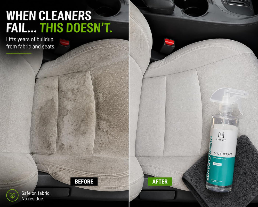 Lithium Auto Elixirs cleaning fabric removing a stain to reveal clean fibers