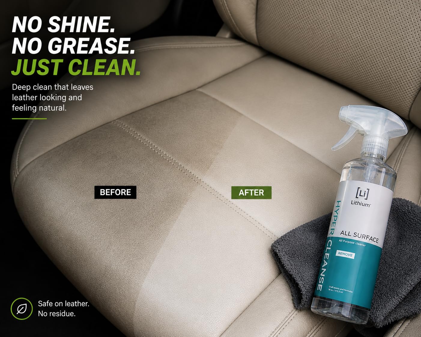 Lithium Auto Elixirs on leather close-up showing conditioned grain and restored look