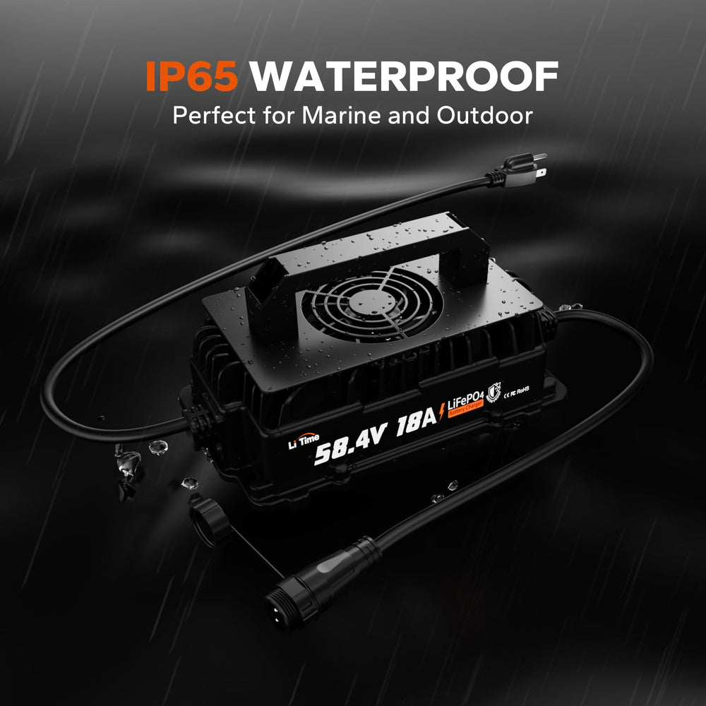 LiTime close-up of die-cast aluminum housing highlighting corrosion resistance and durability