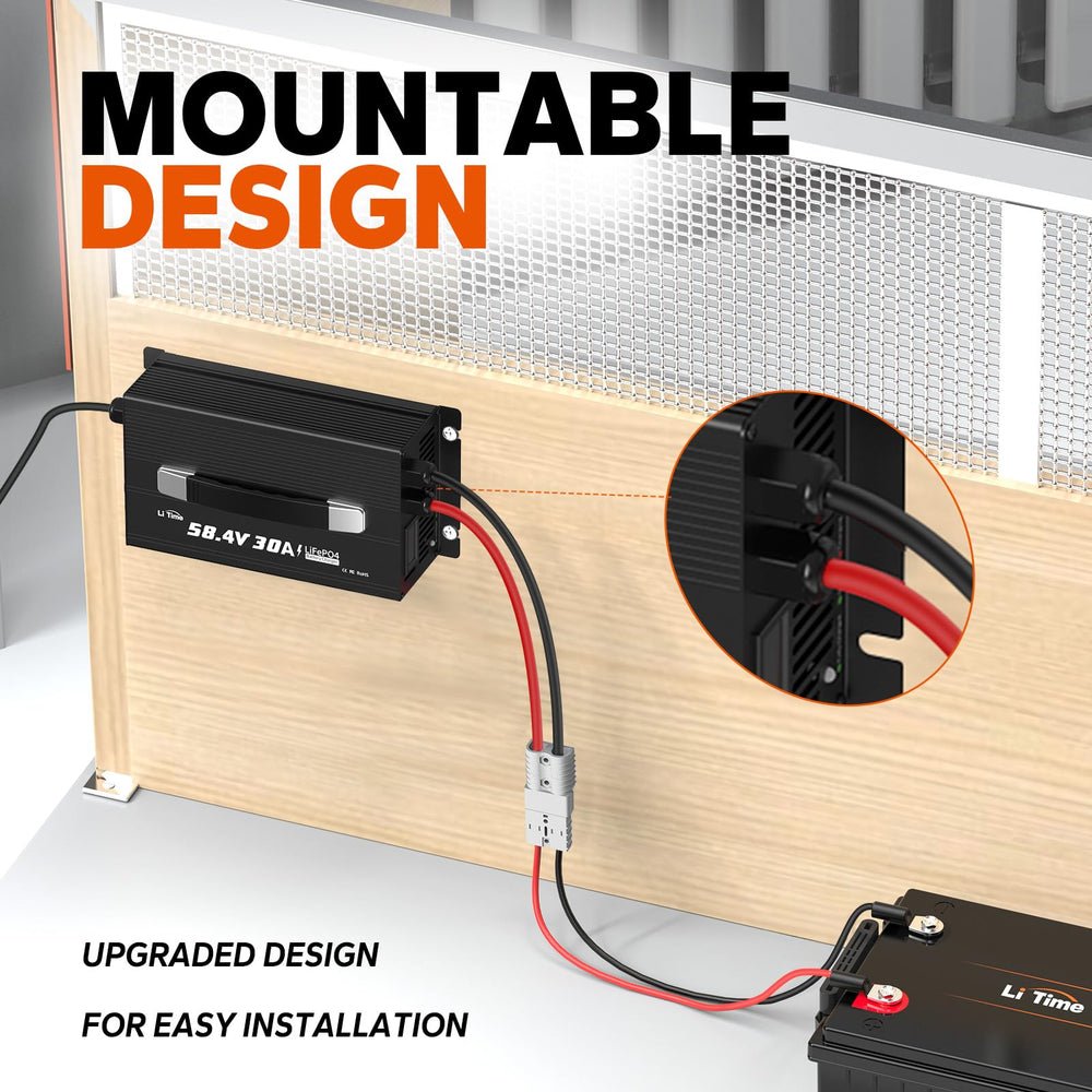 LiTime charger connected to RV battery bank, ideal for off‑grid charging