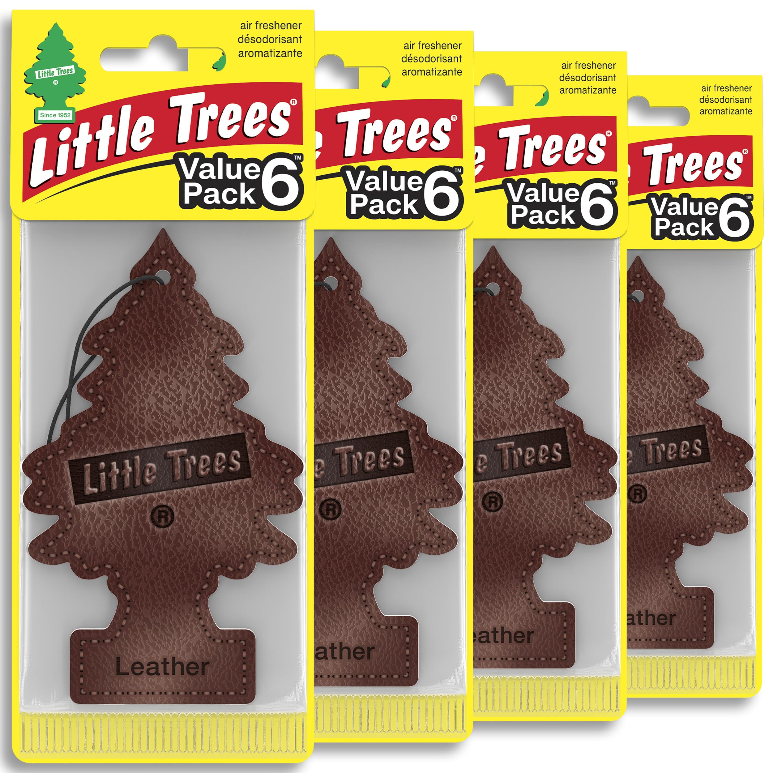 LITTLE TREES front packaging showing 24-count Leather fresheners for easy stocking