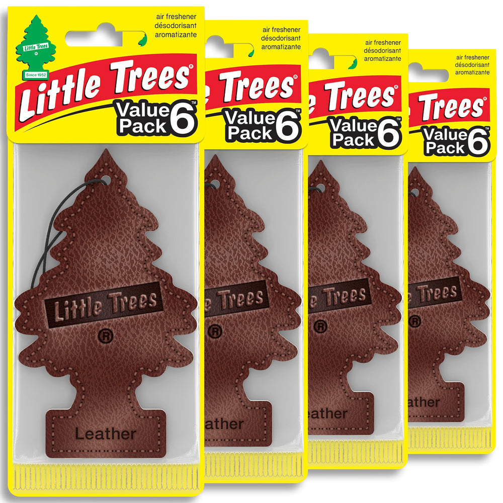 LITTLE TREES front packaging showing 24-count Leather fresheners for easy stocking