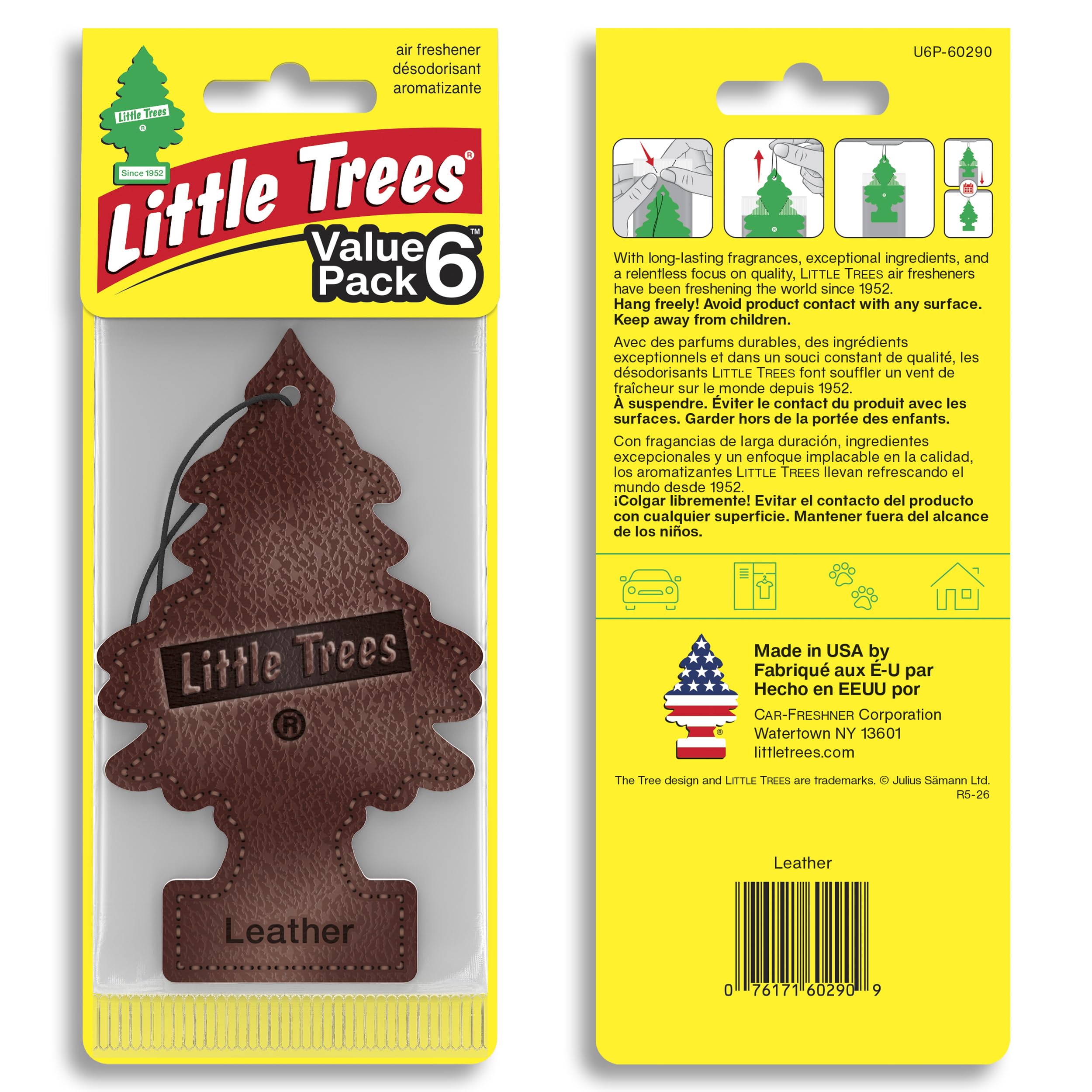 LITTLE TREES close-up of a single Leather hanging tree showing ready-to-use convenience