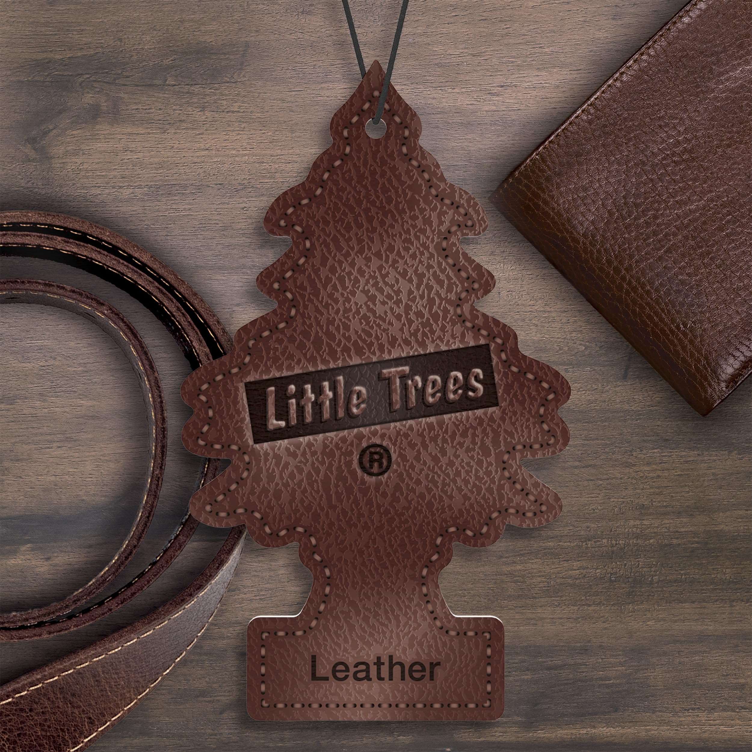 LITTLE TREES leather texture detail highlighting soft grain and premium scent cues