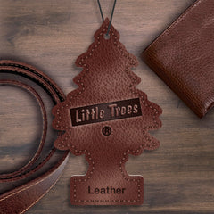 LITTLE TREES leather texture detail highlighting soft grain and premium scent cues