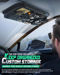 LIVANS visor organizer mounted in vehicle showing quick access to documents and tools