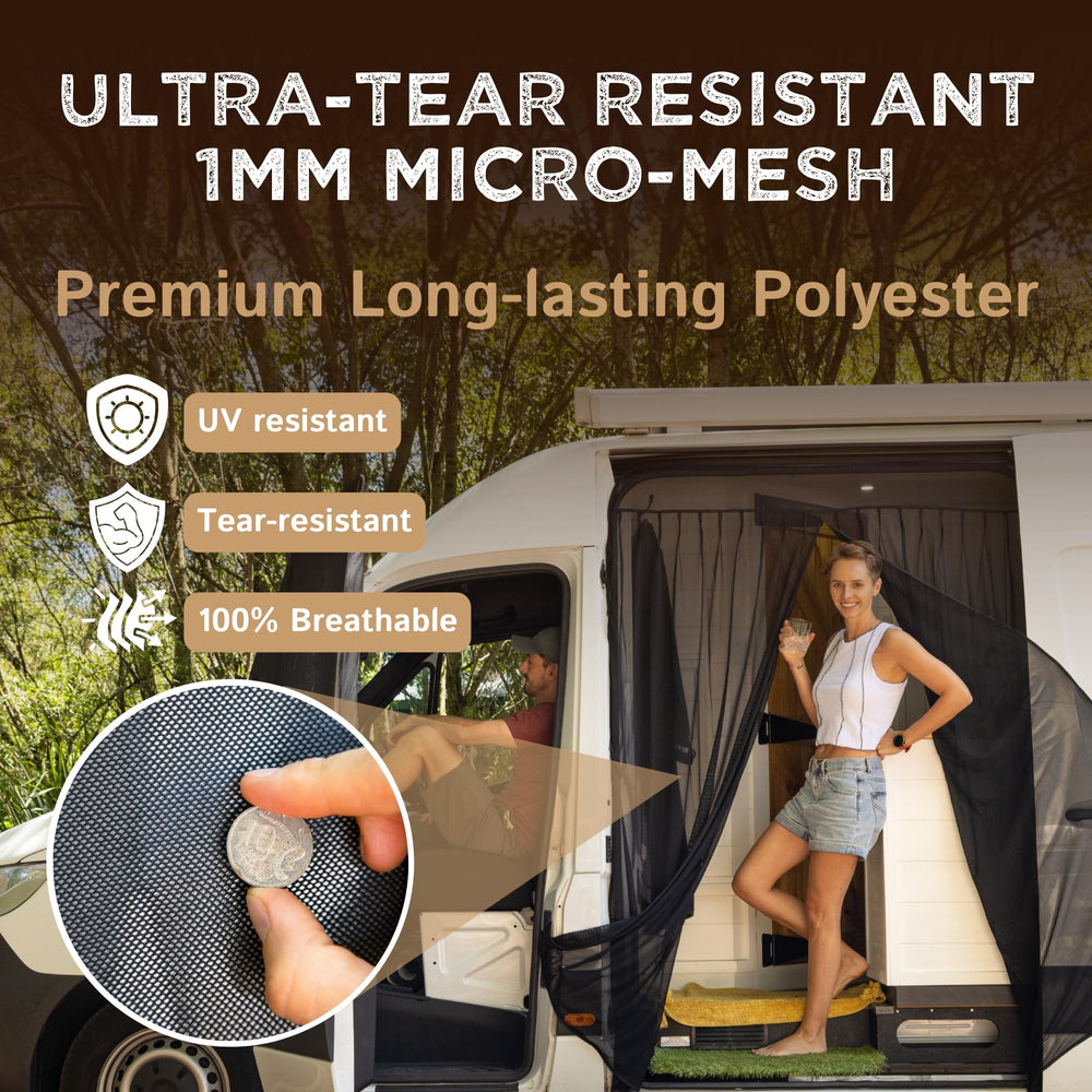 Living in a Bubble screen in use at a campsite for ventilation and privacy