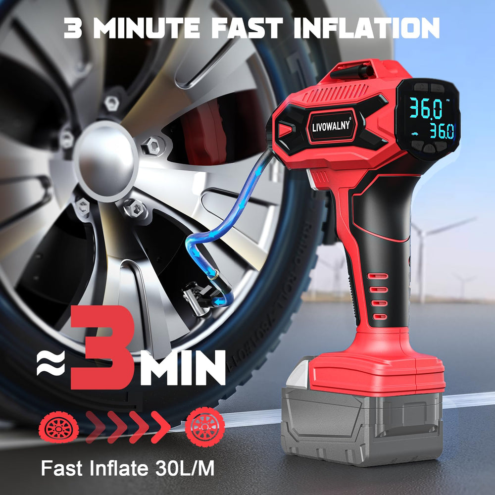 LIVOWALNY attached to Milwaukee 18V battery demonstrating cordless convenience