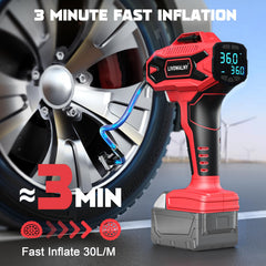 LIVOWALNY attached to Milwaukee 18V battery demonstrating cordless convenience