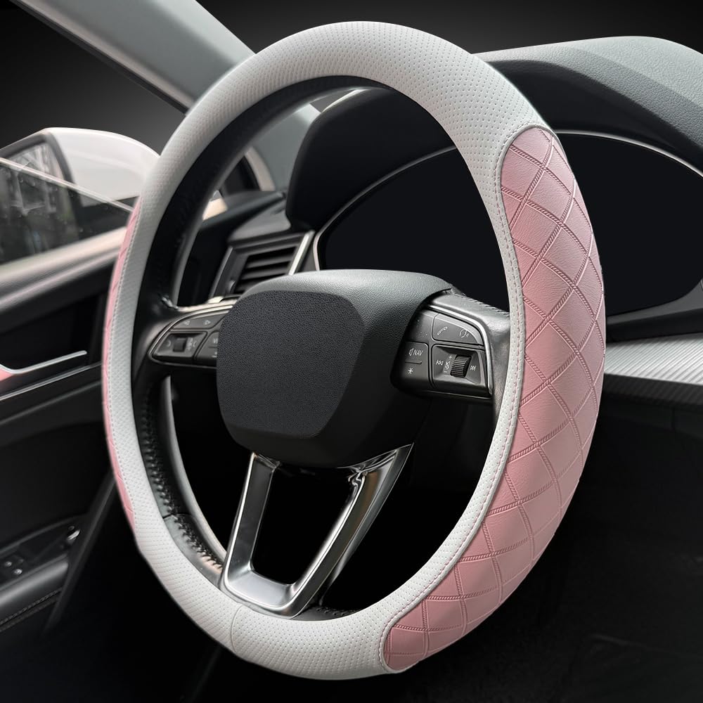 LKWLIKEI steering wheel cover front view showing white and pink design benefit: stylish upgrade