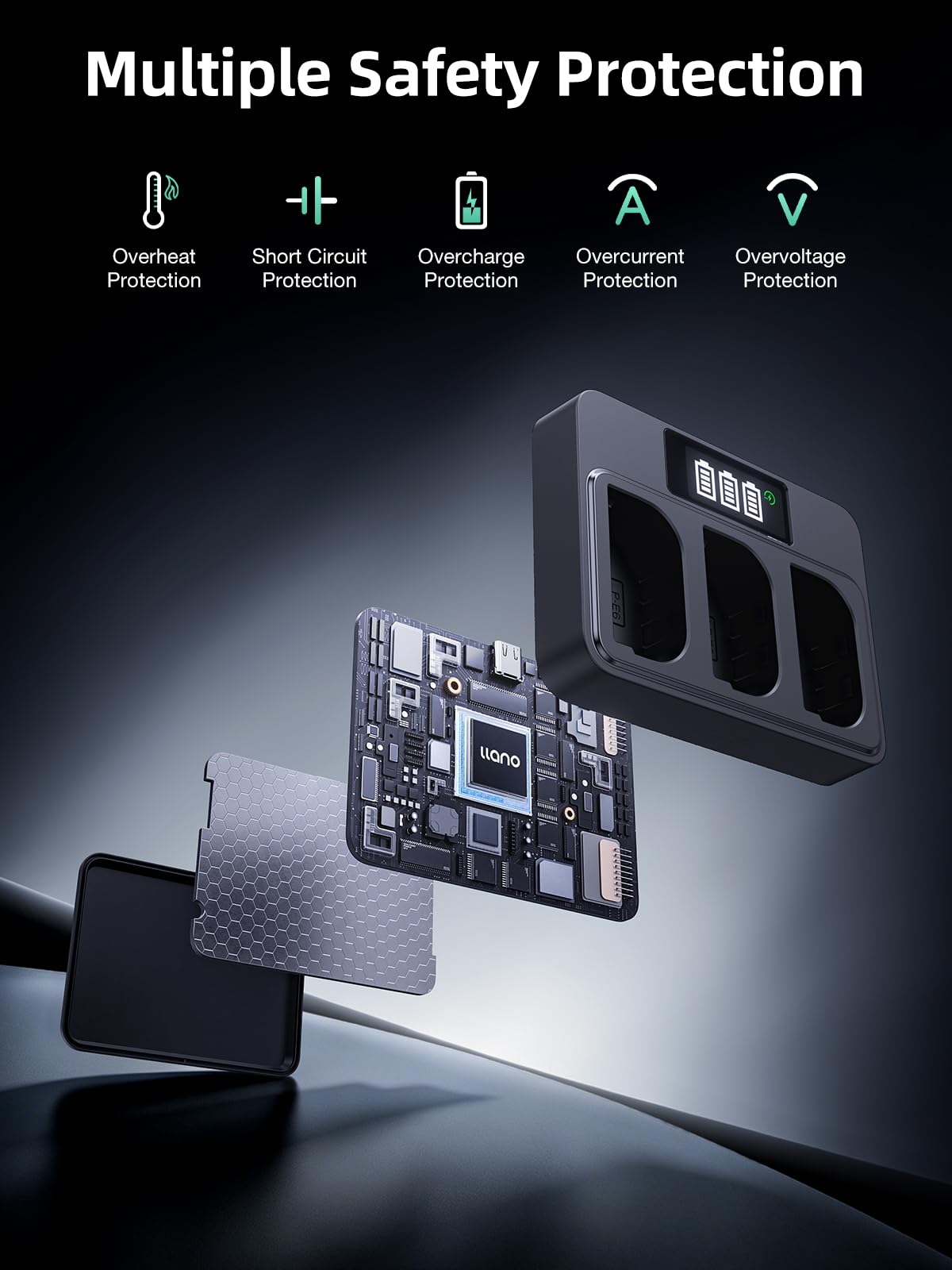 llano charger beside smartphone for scale, showing compact size and travel convenience