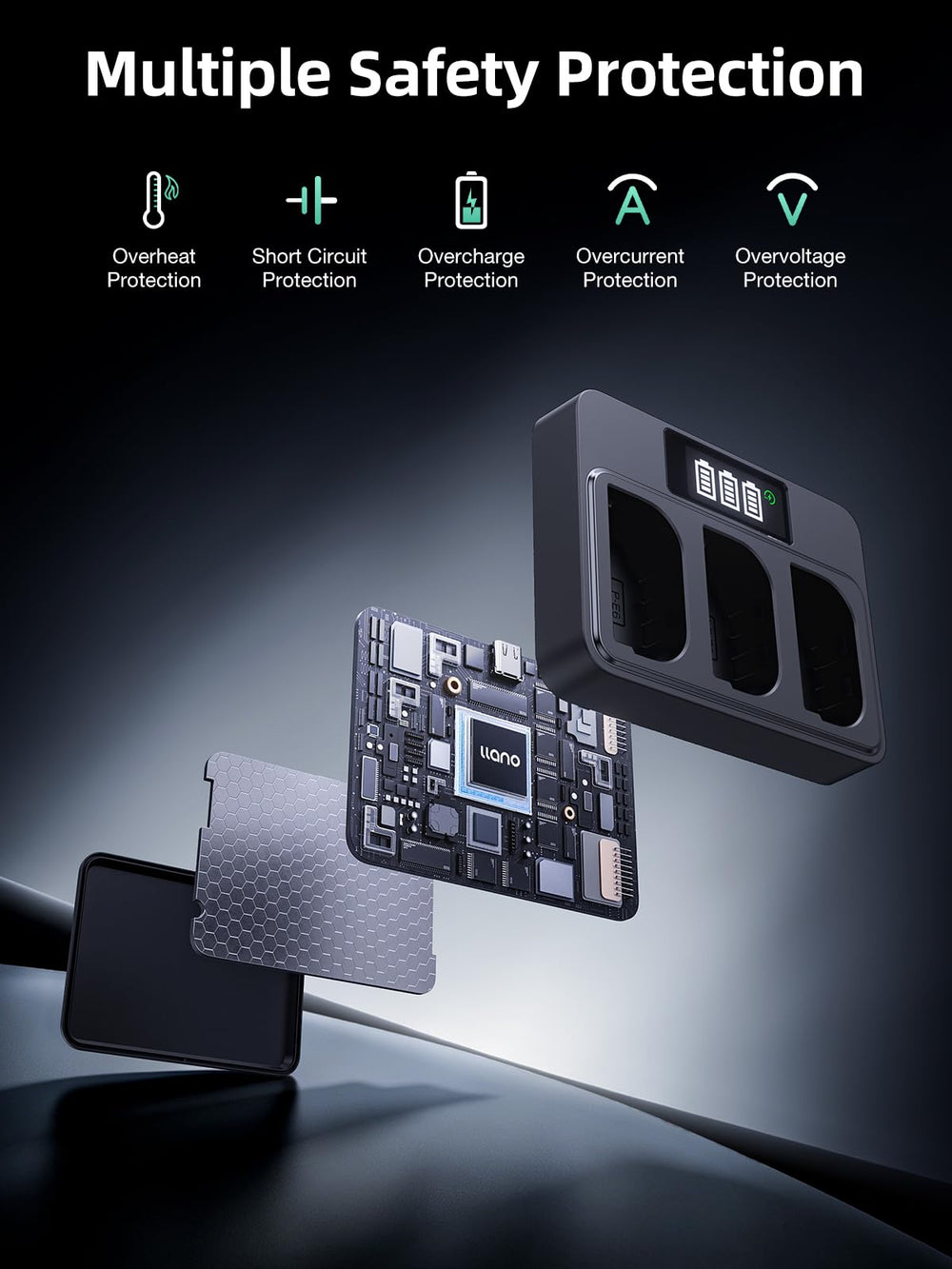 llano charger beside smartphone for scale, showing compact size and travel convenience