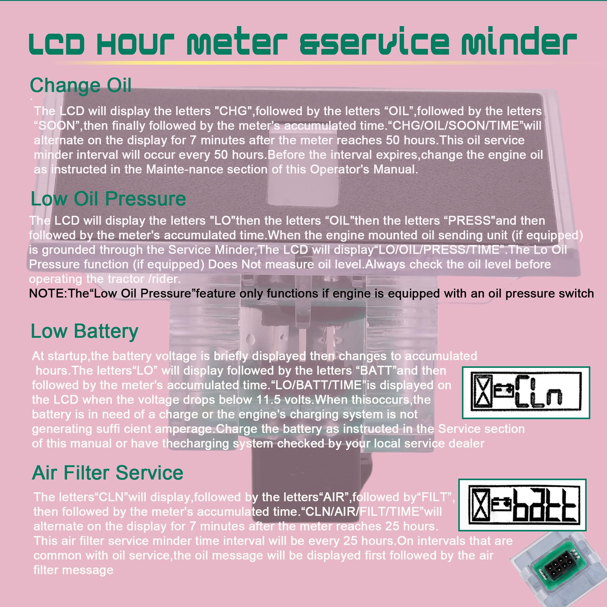 LLYZFED hour meter in mower lifestyle shot helping owners maintain service schedules