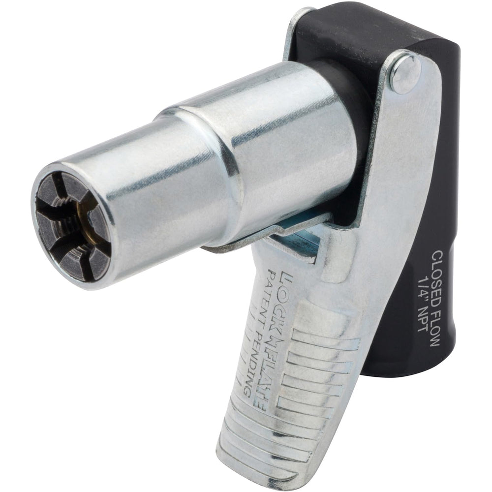 LockNFlate front view of 90-degree closed-flow chuck showing compact profile and benefit secure connection