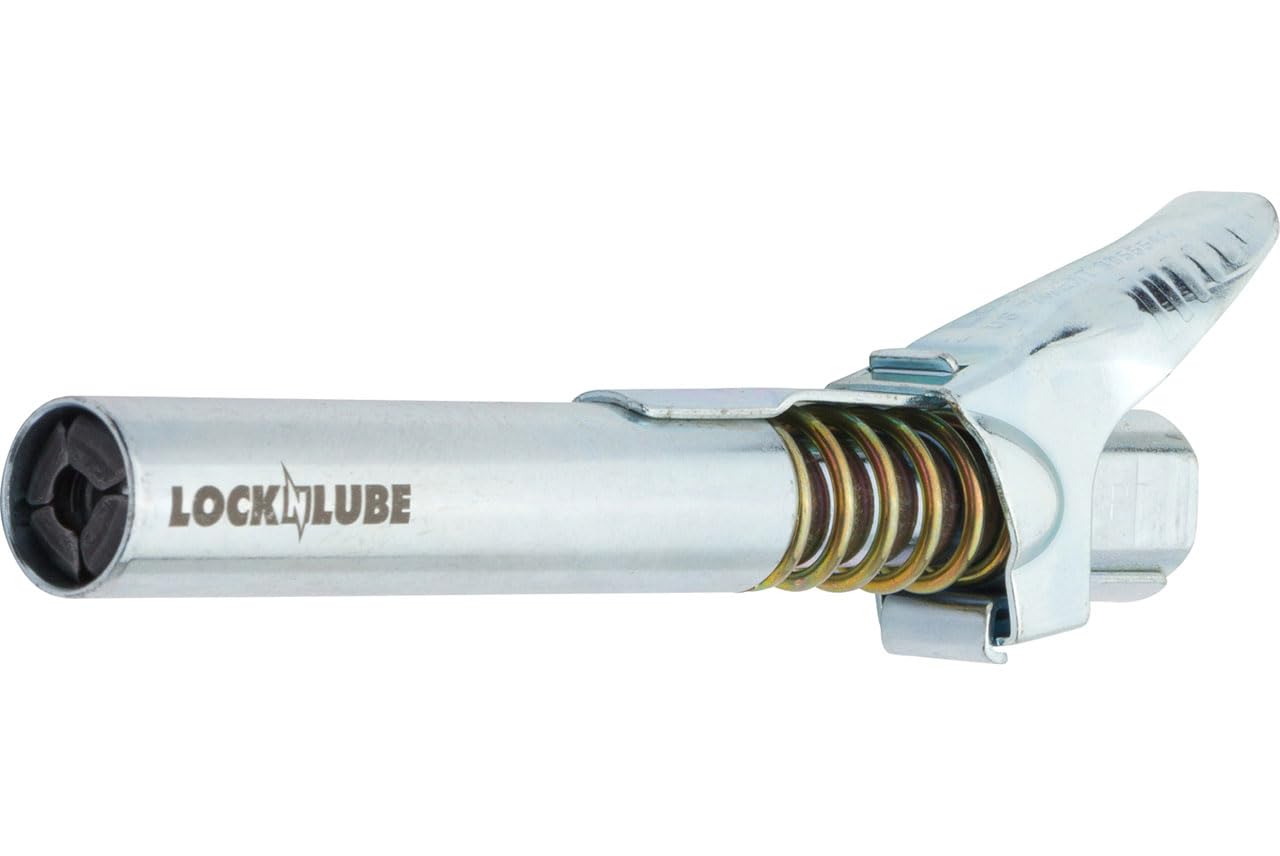 LockNLube locking jaws close-up gripping Zerk fitting to prevent leaks
