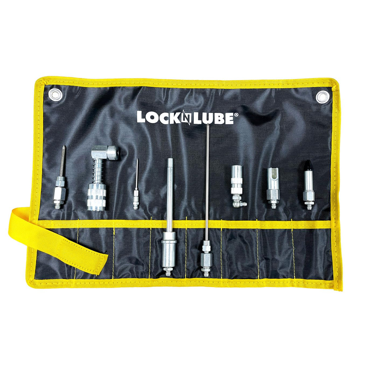 LockNLube front packaging showing kit layout and portability benefit