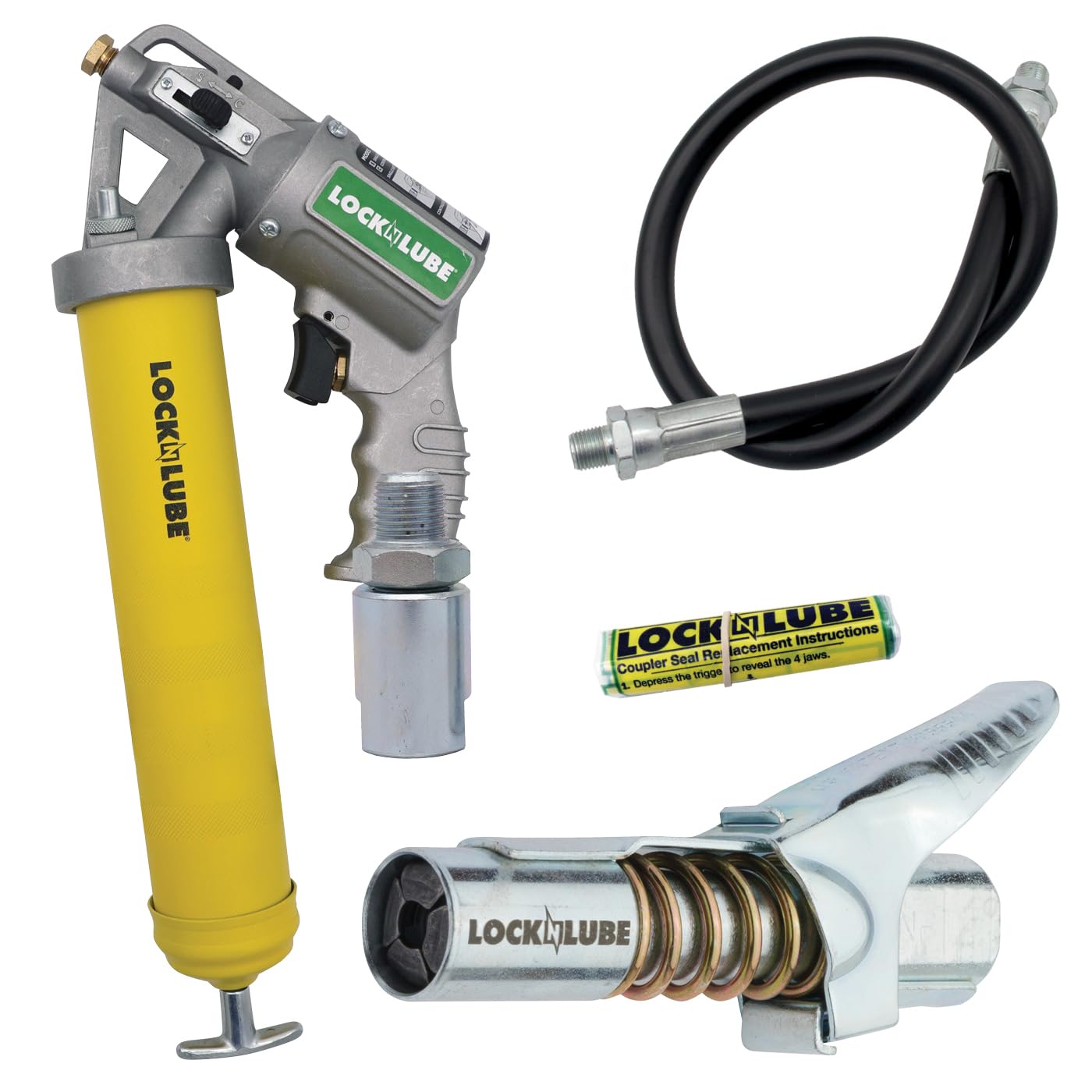 LockNLube grease gun front view showing robust design and quick-access controls for efficient lubrication