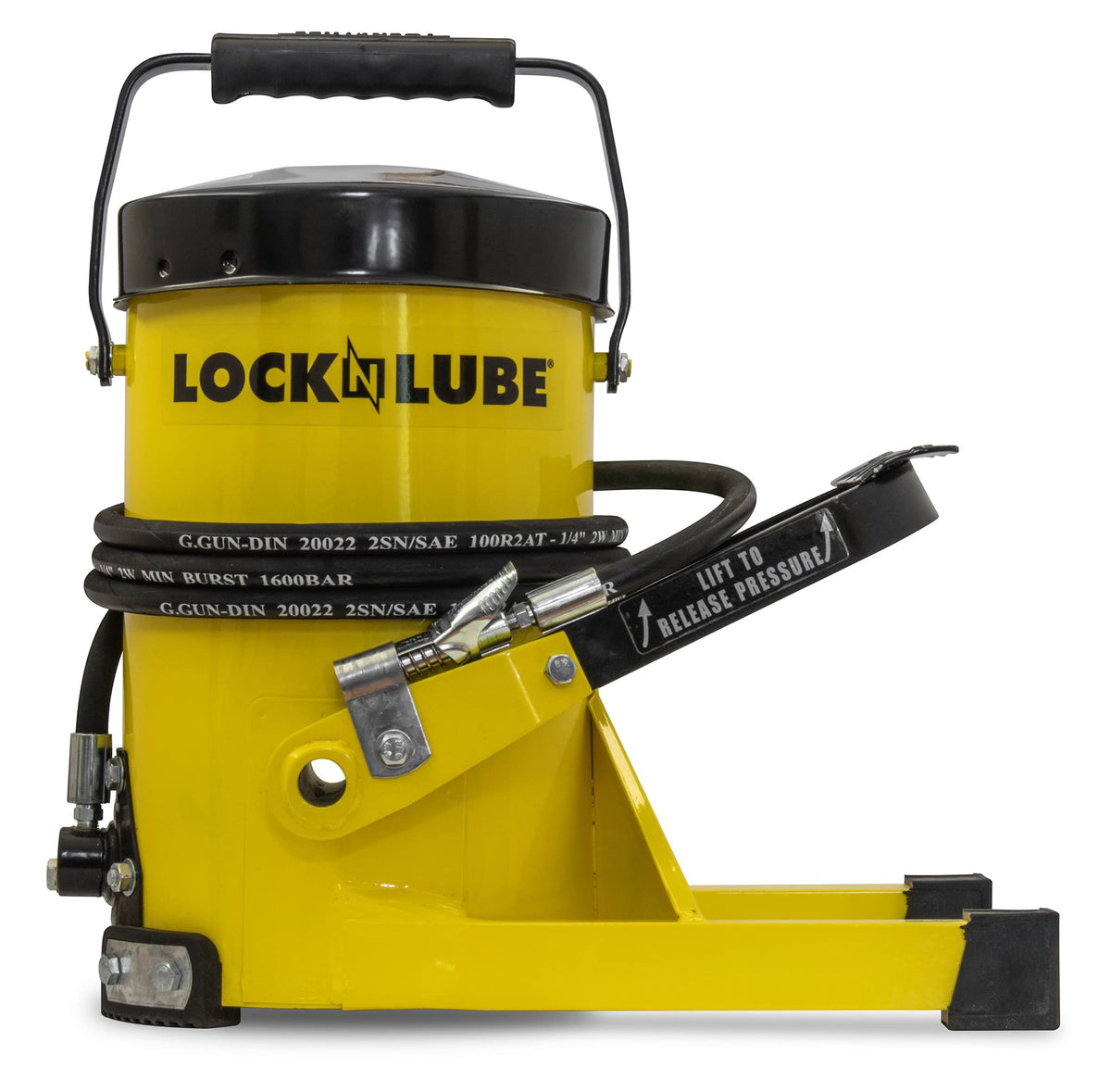 LockNLube G.Gun front view showing sturdy frame and handle for easy transport