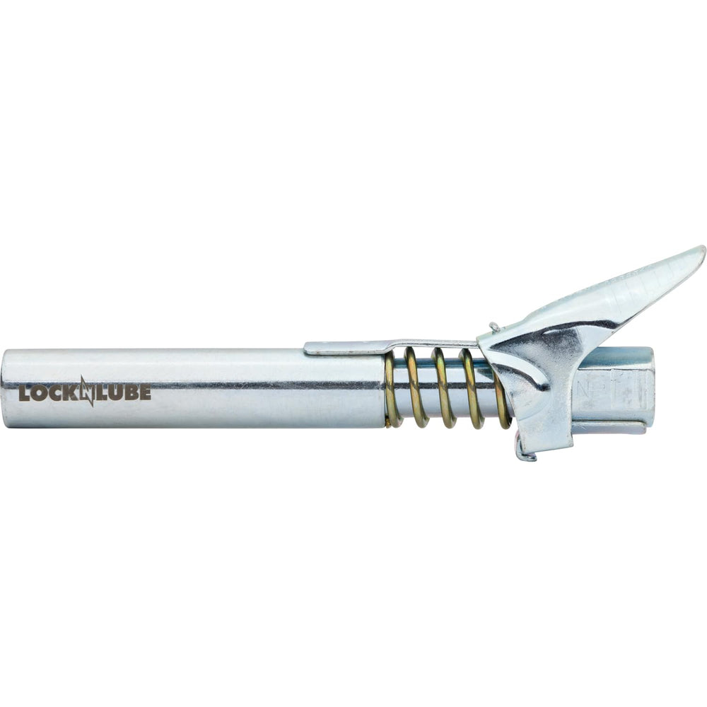 LockNLube in use on U‑joint demonstrating hands‑free grease application