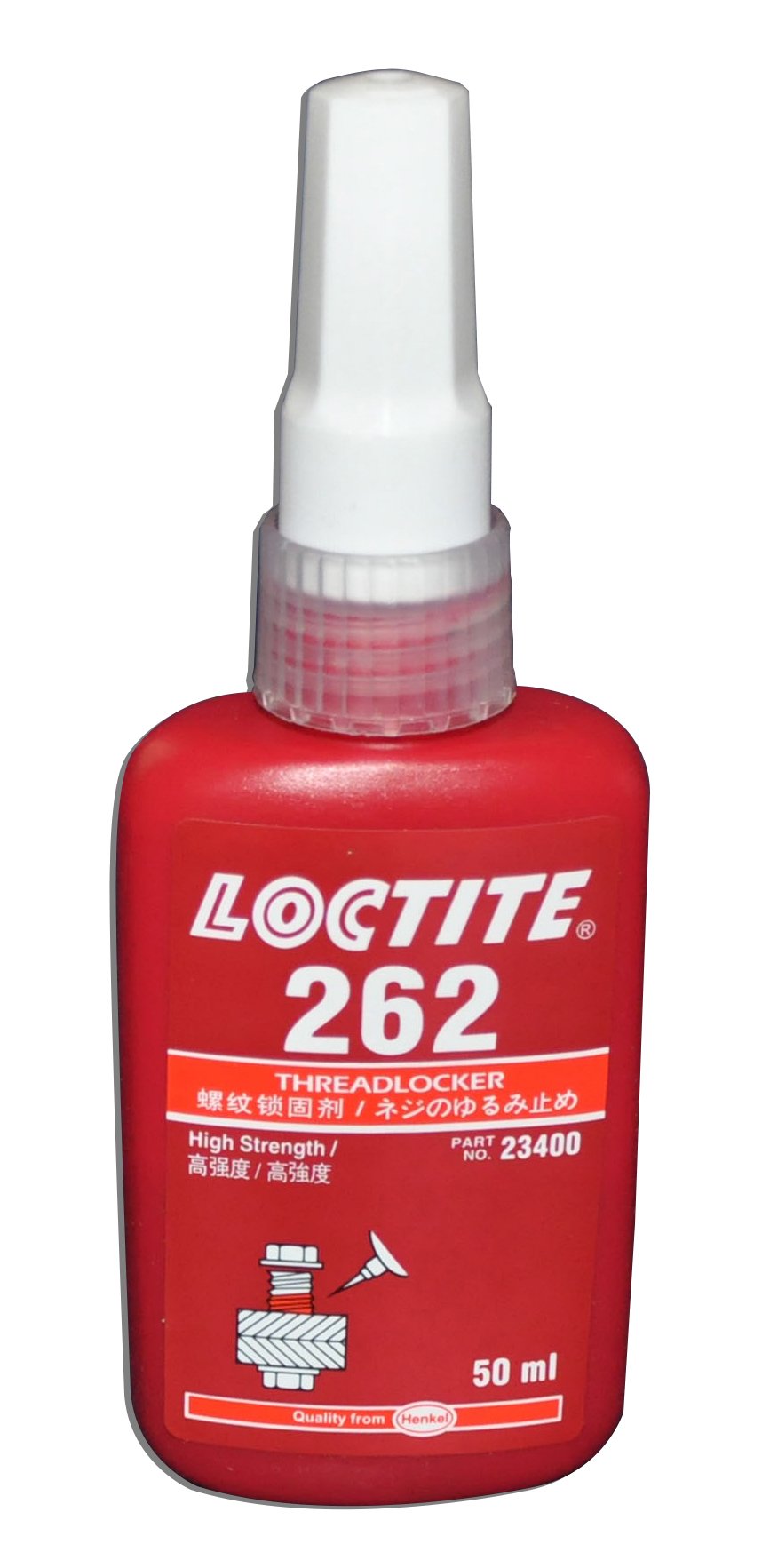 Loctite 262 bottle front view showing label and 50 ml size for durable fastener locking