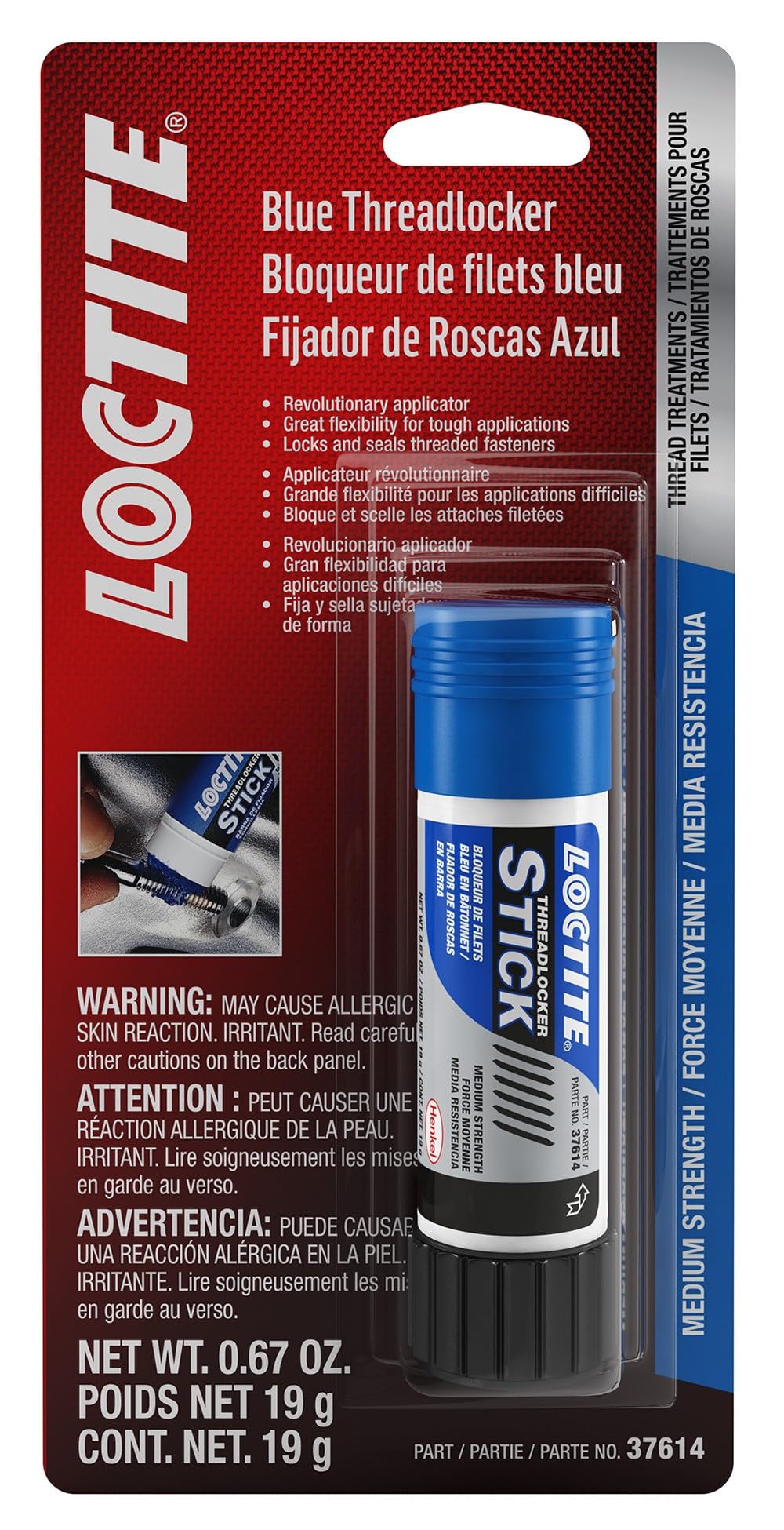 Loctite front packaging showing product and easy identification benefit