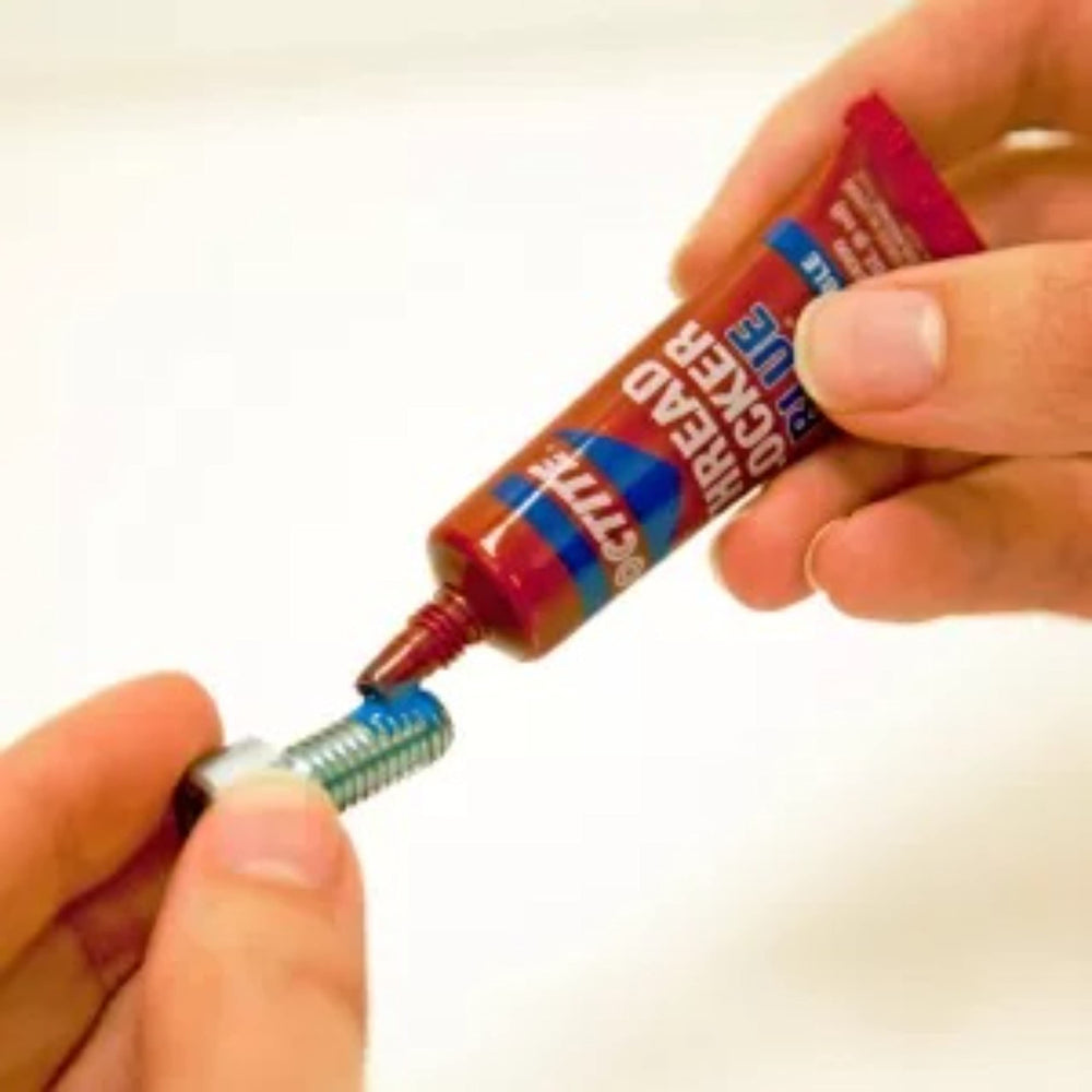 Loctite texture and blue color closeup indicating adhesive coverage