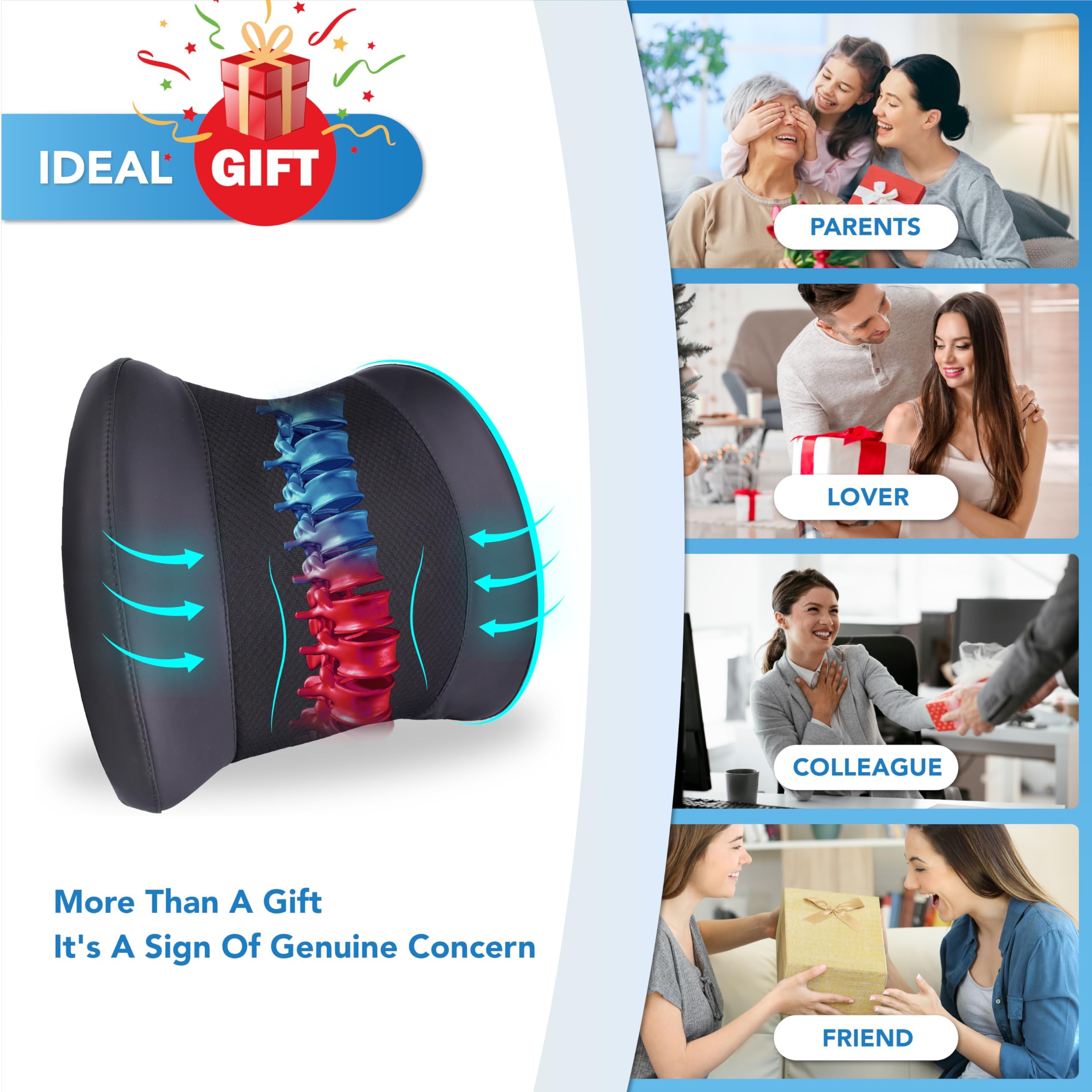 Lofty Aim pillow on office chair showing improved posture and daily comfort