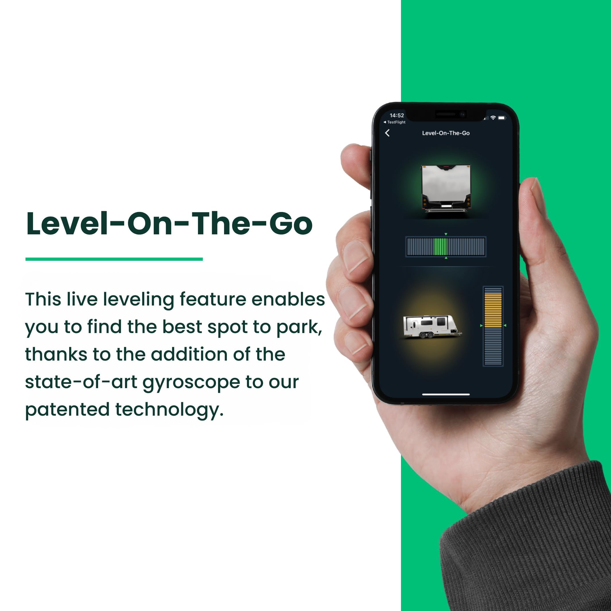 LogicBlue LevelMateMAX app on phone displaying roll and pitch for quick leveling