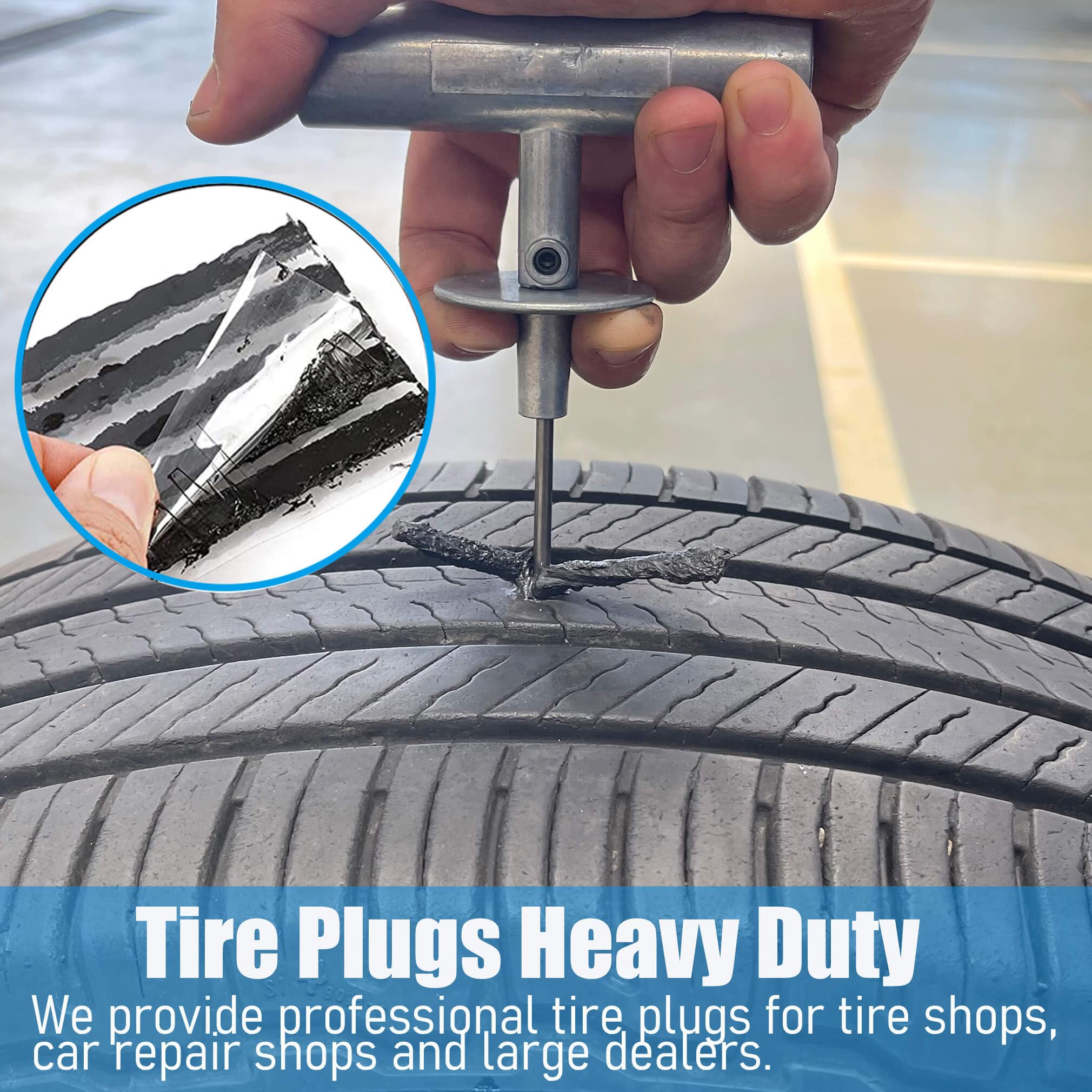 LOGOL tire plugs with insertion tool demonstrating quick, easy roadside application