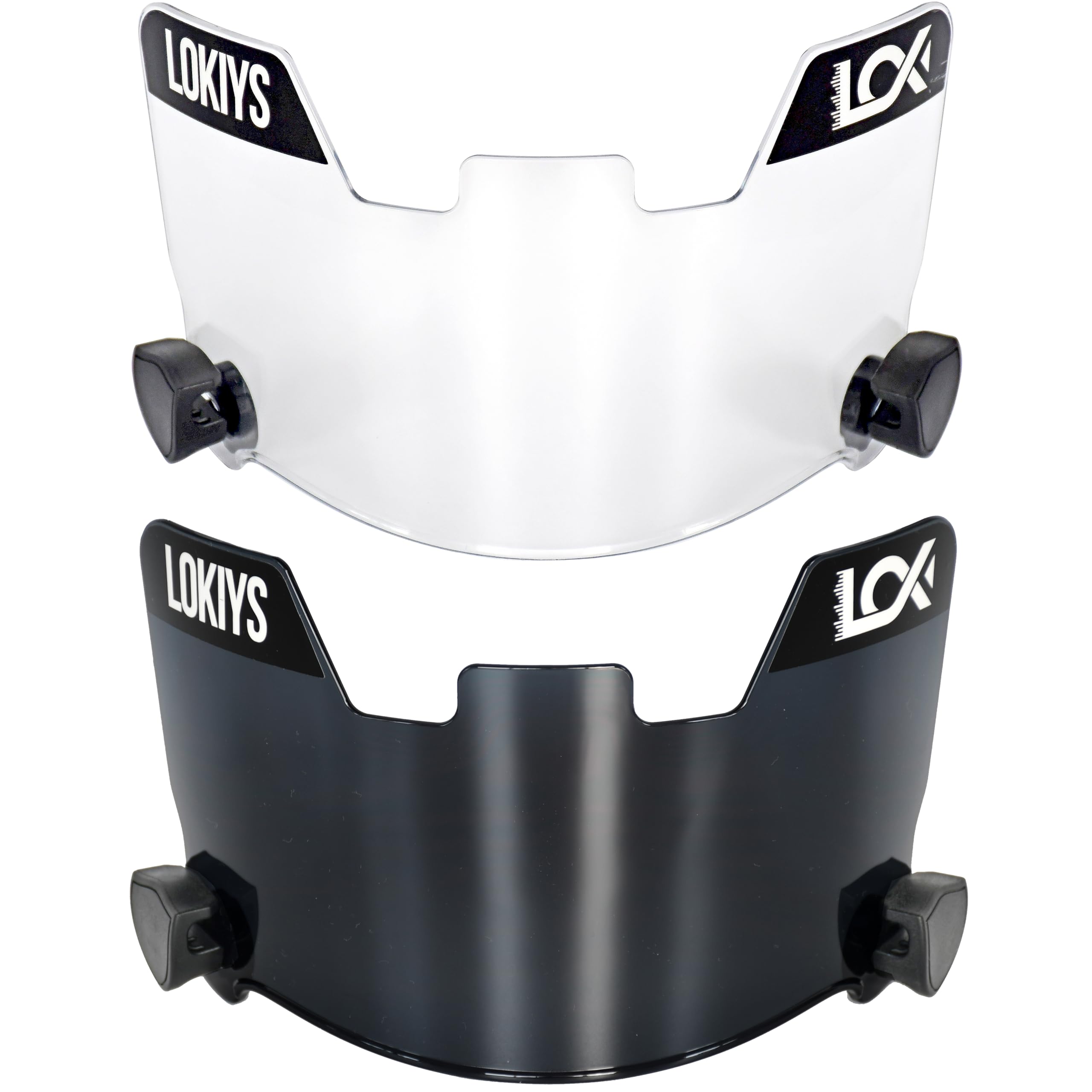 LOKIYS front view of both black and clear visors showing pack contents and benefits